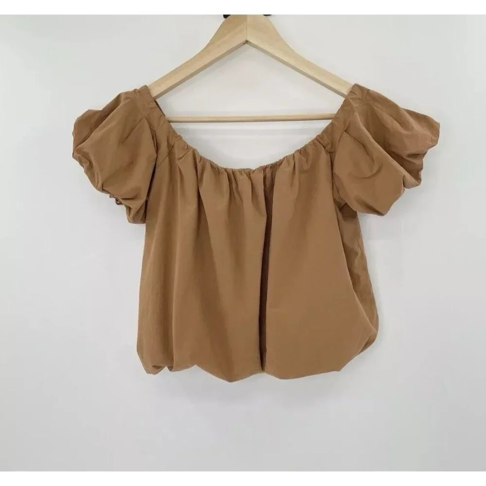 Astr The Label Women's Puff Sleeve Tan Off The Shoulder Top, Small, Boho Peasant